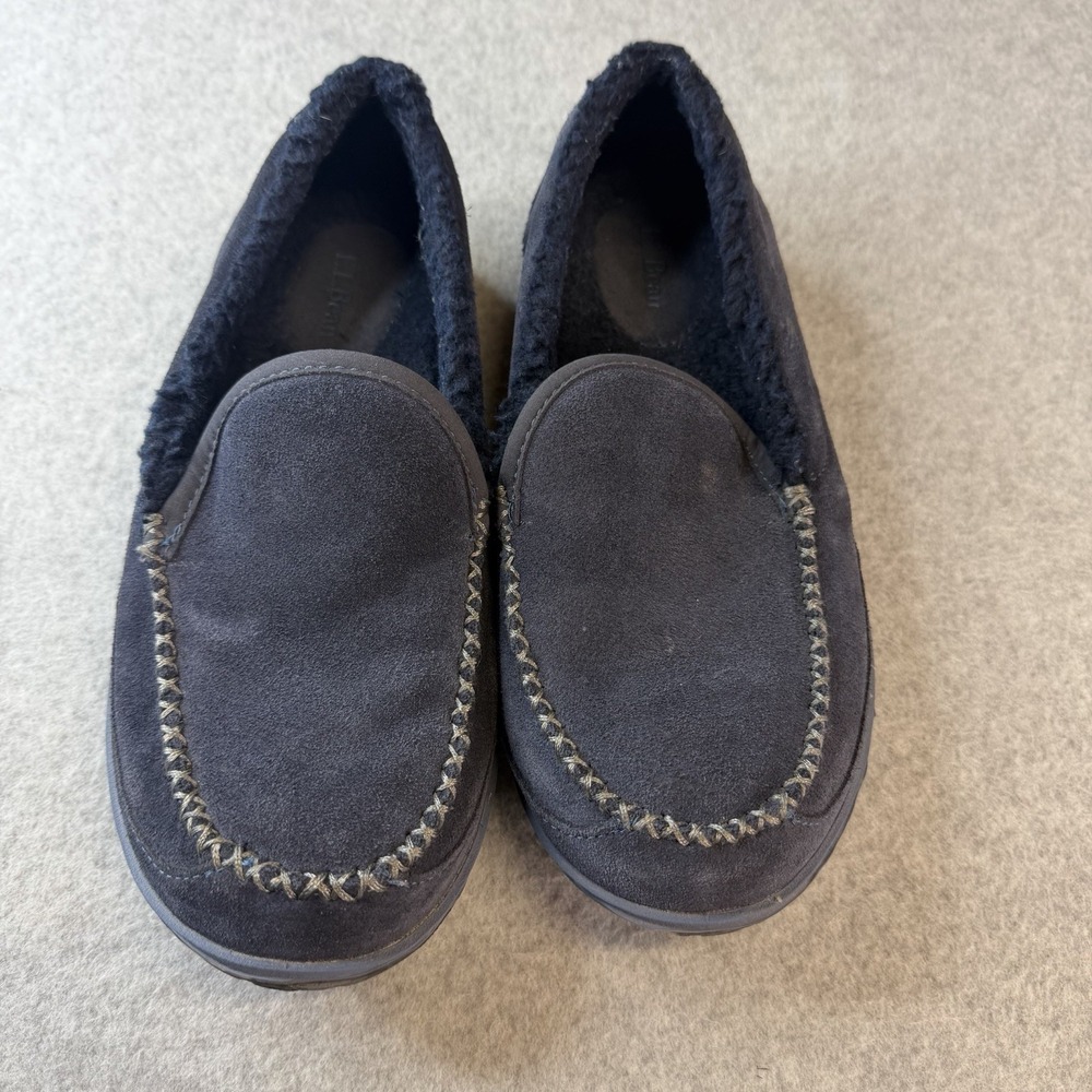 L.L. BEAN MOUNTAIN SLIPPERS, BLUE SUEDE, FLANNEL LINED, CAMO SOLE, MEN'S 7 M